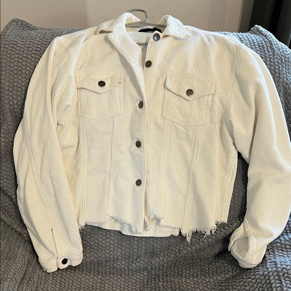 White / Cream Corduroy Jean Jacket with frayed hem